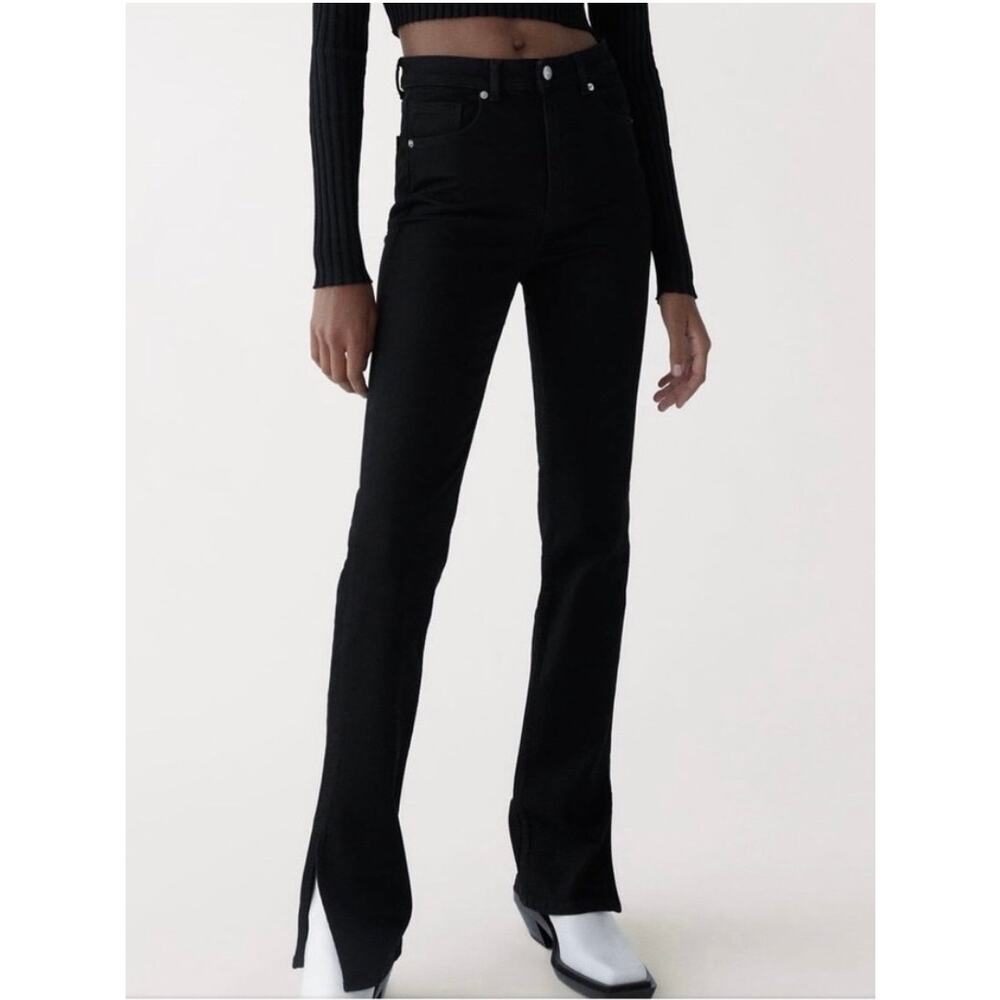 Zara Women’s 4 Black Split Hem Slim Straight Leg High Rise Jeans Slit Hem